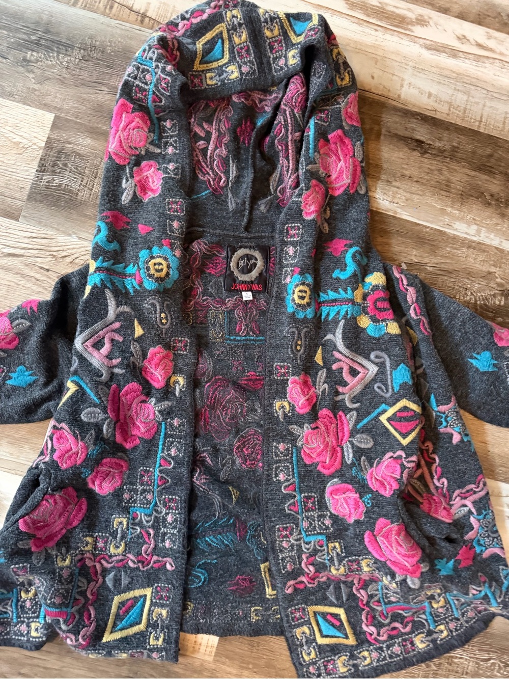 Johnny Was Biya Charcoal Cardigan with Pink and Turquoise Embroidery, Hooded - Picture 2 of 7